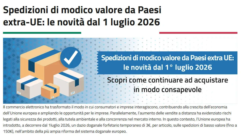 Pagina dell'Agenzia delle Dogane: spedizioni di modico valore da Paesi extra UE, le novità dal 1 luglio 2026