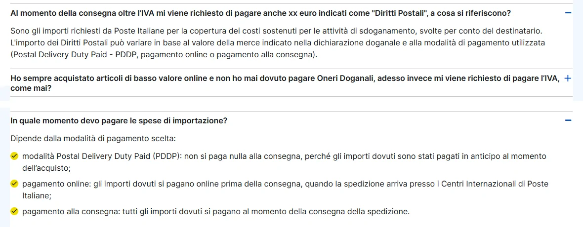 FAQ di Poste Italiane: i Diritti Postali coprono i costi di sdoganamento e variano con valore e modalità di pagamento; PDDP, online o alla consegna