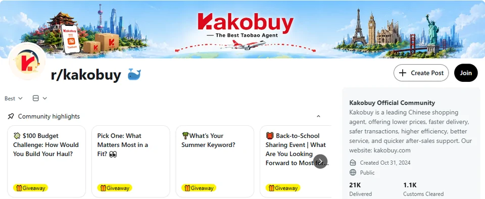 Subreddit r/kakobuy: intestazione, post in evidenza con giveaway, descrizione Kakobuy Official Community creata il 31 ottobre 2024