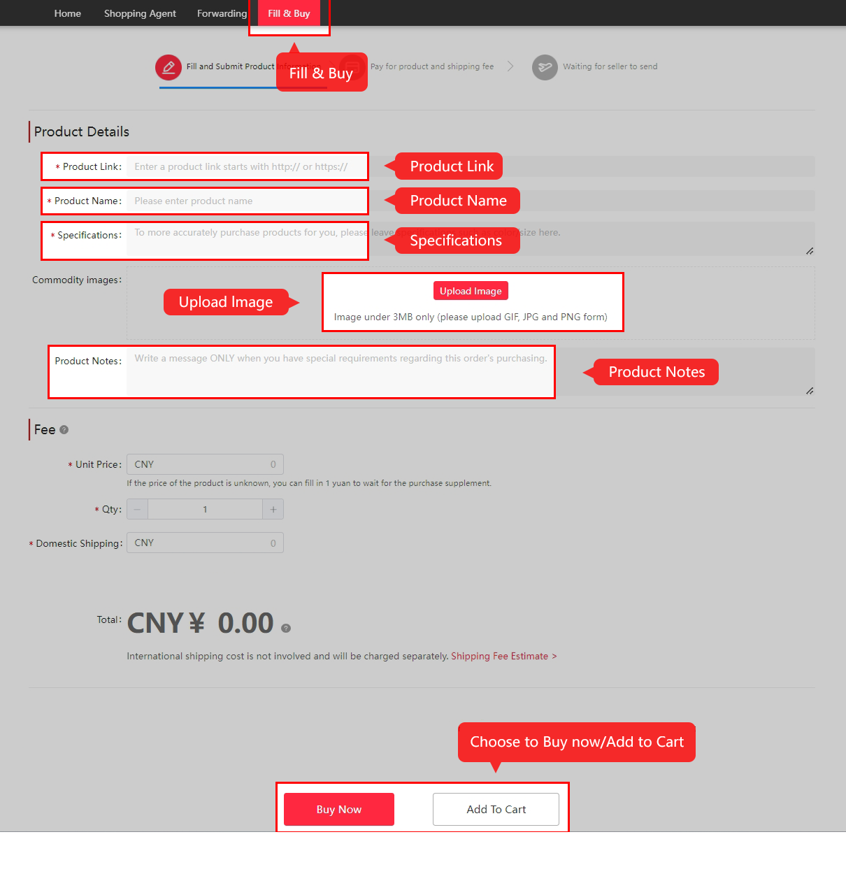 Modulo Fill & Buy: link, prodotto, variante, foto, prezzo e spedizione interna.
